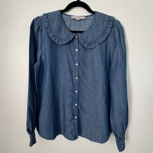 Loft Blouse Denim Peter Pan Collar Size Medium Long Sleeve Cottagecore